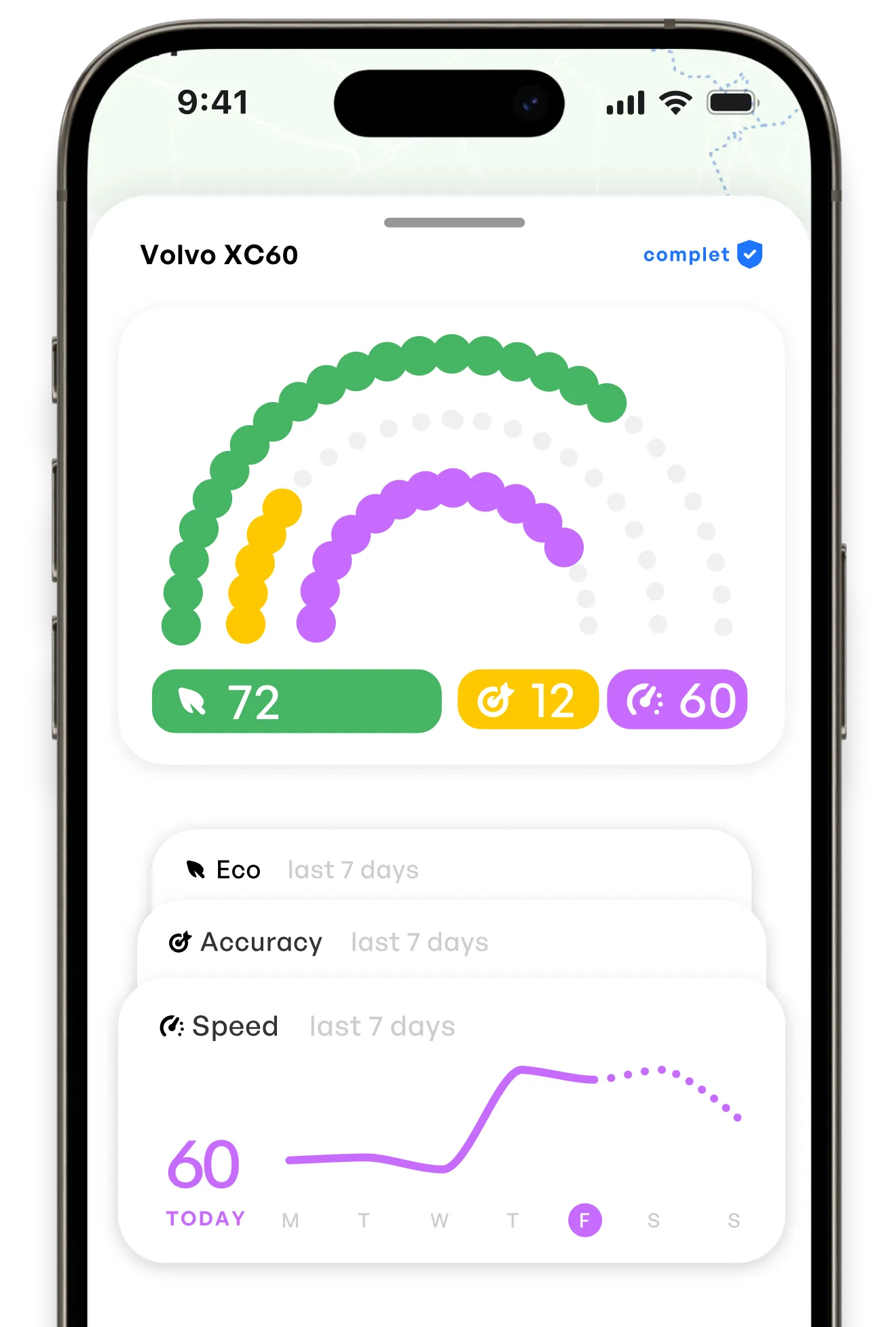 Aximote driving style analysis showing eco score and efficiency data on car infotainment display