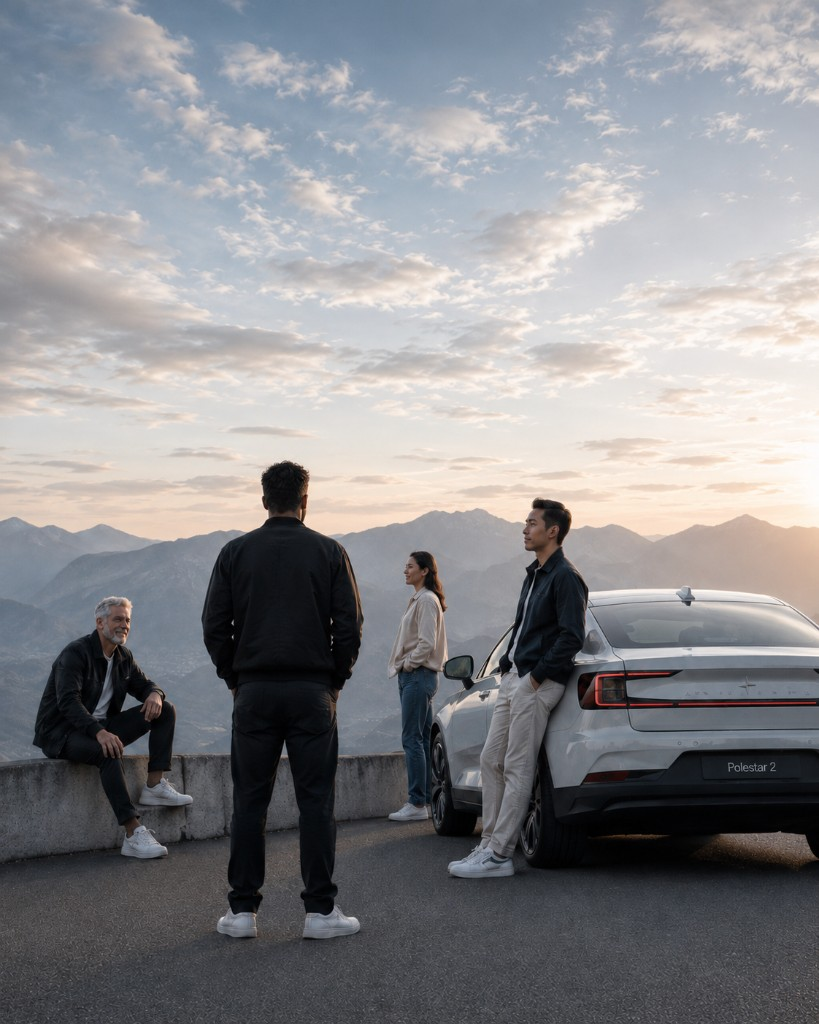 Community at sunset by a car